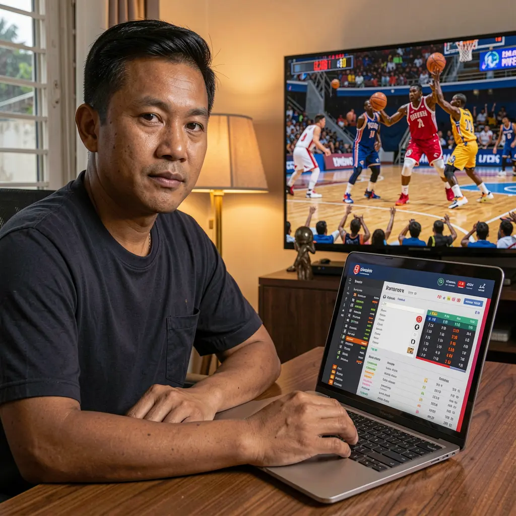 Focused Filipino sports bettor analyzing basketball odds on a laptop with JL 520 while following a live NBA game on TV at home