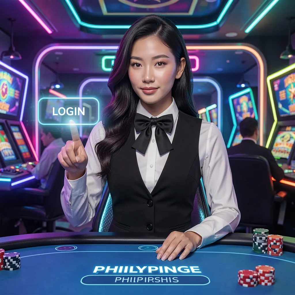 JL 520 Login – Secure and fast entry to your casino account in the Philippines Stylish Filipino casino dealer pointing at a glowing digital login button inside an advanced JL 520 casino interface